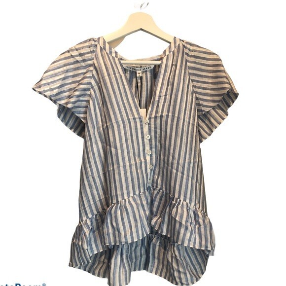 Veronica Beard Top Maple Light Blue White Stripe Ruffle Button Front Blouse NWT - Picture 2 of 10